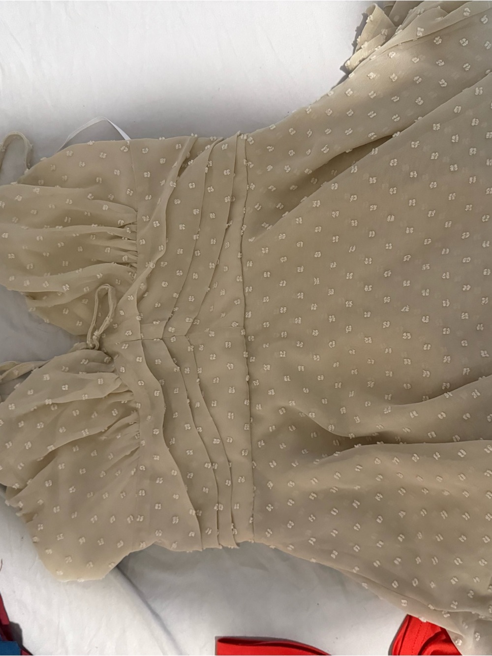 Beige Textured Ruffle-Shoulder Kids Dress